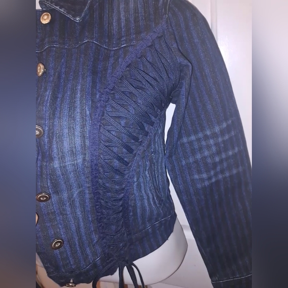 🆕️Y2k Crest Striped Lace Up Demin Cropped Jacket NWT Sz L - Picture 8 of 14
